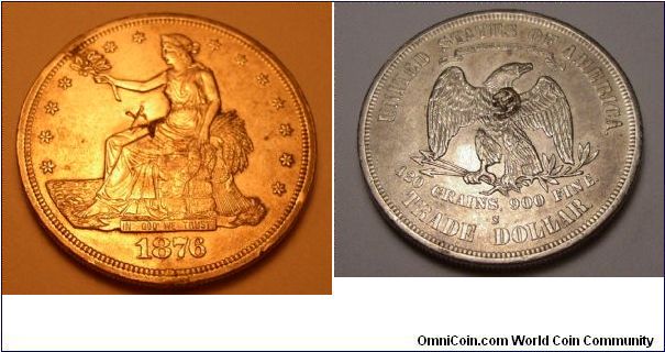 1876 s Trade dollar type I/I with chop marks
(Pics do not give justice) OBVERSE TYPE I: RIBBON ENDS POINT LEFT, 1873-1876

REVERSE TYPE I: BERRY BELOW CLAW, 1873-1876