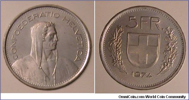 1974 Switzerland 5 Franken from mint set.
