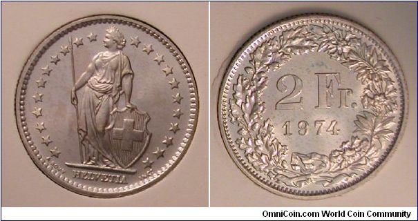 1974 Switzerland 2 Franken from mint set.