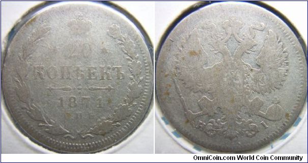 Russia 1871 20 kopeks. Worn.