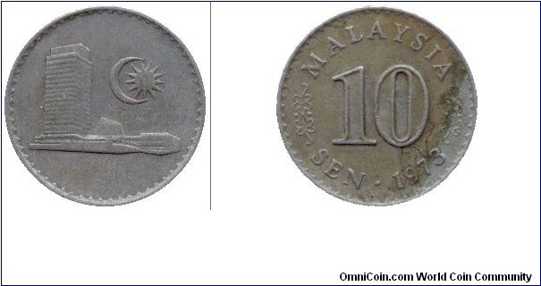 Malaysia, 10 sen, 1973, Cu-Ni, Parliament Building.                                                                                                                                                                                                                                                                                                                                                                                                                                                                 