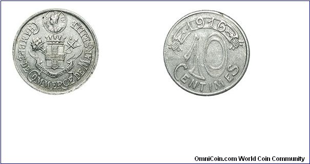 Obv: Chamber of Commerce of Marseille, crest.
Rev: 1916 / 10 / Centimes. Signed by J. Guerin.
Aluminum