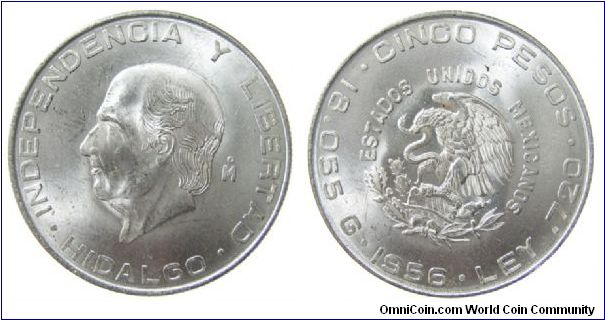 1956 Mexico, 5 Pesos
KM # 469
Silver, .720, .4170 oz
