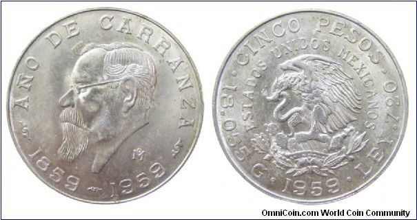 1959 Mexico 5 Pesos
KM # 471
Silver, .720, .6431 oz