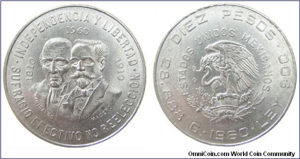 1960 Mexico 10 Peso
KM # 476
Silver, .900, .8357 oz