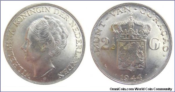 Curacao (Island of Netherlands Antilles) 2 1/2 Gulden
KM # 46
Silver, .720, .5787 oz