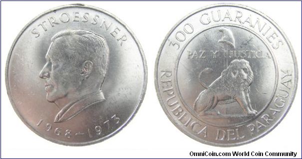 1968 300 Guaranies
KM # 29 Silver, .720, .6157 oz mintage: 250K