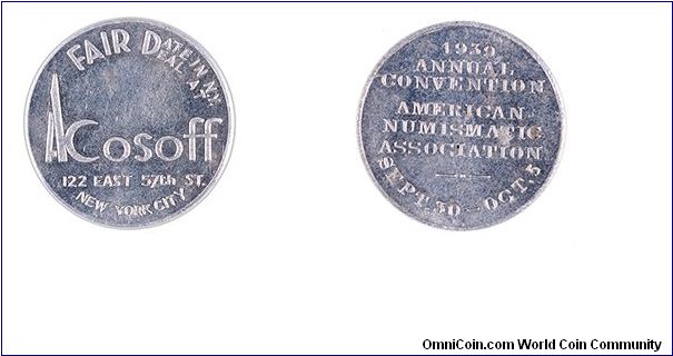 Abe Kosoff 1939 dealer token for the American Numismatic Association convention.