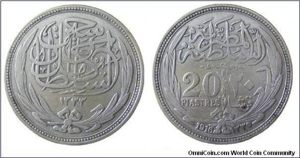 1916, 20 Piastres
KM# 321  
Silver,  .8330, .7499 oz Mintage: 1.5M