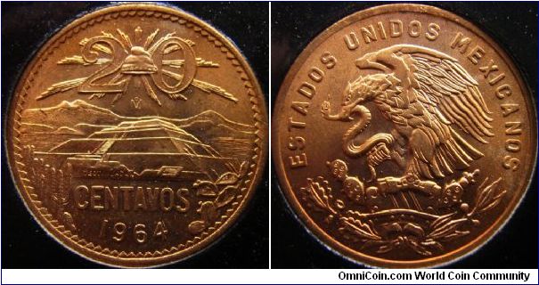 Mexico 1964 20 centavos. Of why there is no 10 centavos, maybe I am missing of it, or the Mexicians did not mint them.