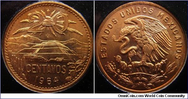 Mexico 1964 20 centavos. Of why there is no 10 centavos, maybe I am missing of it, or the Mexicians did not mint them.