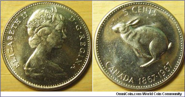Canada 1967 5 cents. Special thanks to Tiffy! :) UNC but a bit of scratch marks.