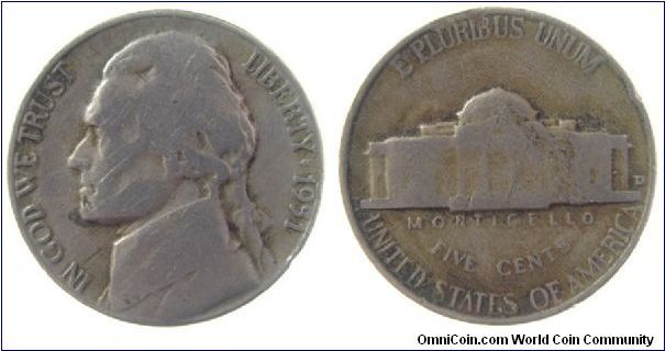 1951-D Jefferson nickel from circulation