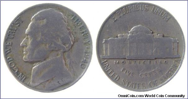 1940 Jefferson nickel from circulation