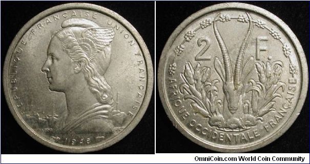 2 Francs
Aluminium
French West Africa
includes Mauritania, Sudan, Ivory Coast, Dahomes, Upper Volta, Niger and French Guinea.