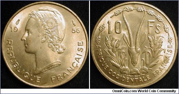 10 Francs
Aluminium bronze
French West Africa
includes Mauritania, Sudan, Ivory Coast, Dahomes, Upper Volta, Niger and French Guinea