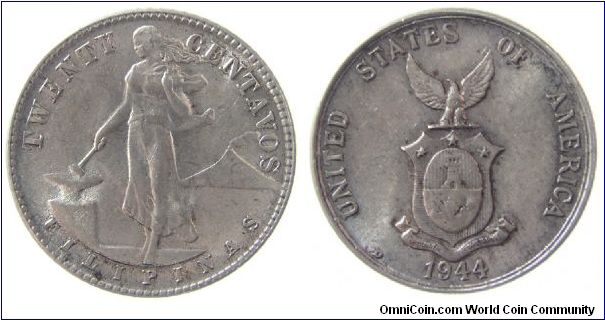 1944-D 20 Centavos
KM # 182 
Silver, .750, .0965 oz
Mintage: 28.60M
