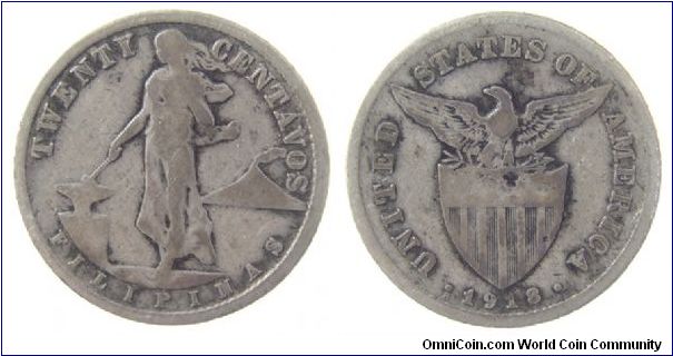 1918-S 20 Centavos
KM # 170 
Silver, .750, .0965 oz
Mintage: 5.56M