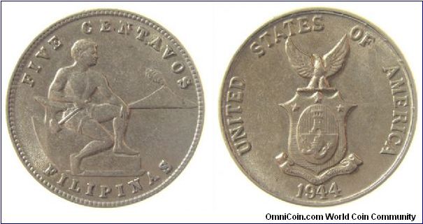 1944 5 Centavos
KM # 180a 
Copper-nickel zinc
Mintage: 21.20M