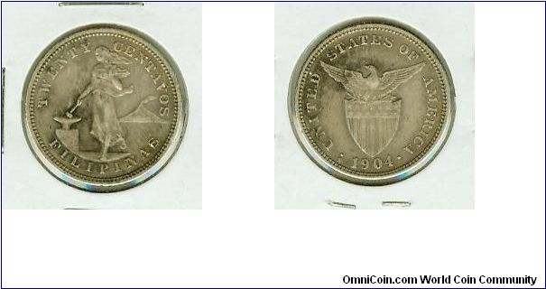 1904s US-PHILIPPINES 20 CENTAVOS IN NICE, ORIGINAL, UNCLEANED CONDITION.