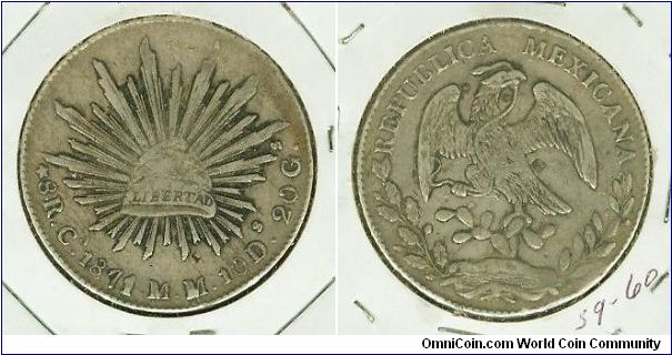 RARE!!RARE!!RARE!! THIS IS A SCARCE DATE, SEMI-KEY  1871 CA/MM 8 REALES SILVER CAP N' RAYS WITH A RARE DOUBLE DATE AND MINTMARK!!
