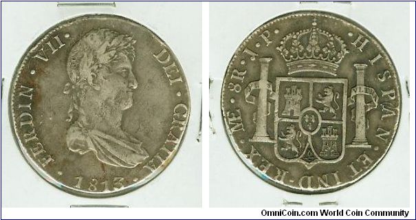 BEAUTIFUL 1813 SCARCE DATE FERDIN VII 8 REALES IN EF CONDITION.