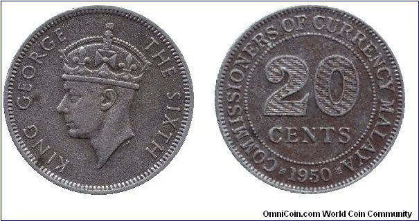 Malaya, 20 cents, 1950, Cu-Ni, King George VI.                                                                                                                                                                                                                                                                                                                                                                                                                                                                      