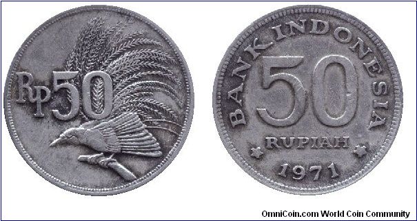 Indonesia, 50 rupiah, 1971, Cu-Ni, Bird of Paradise.                                                                                                                                                                                                                                                                                                                                                                                                                                                                