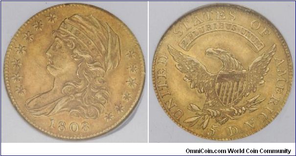 1808 Capped Bust $5.  Wide 5D, Breen-6457, B. 4-B, Miller-107, R.4. Despite light friction on the highpoints, this half eagle exhibits considerable bright mint luster, and the only relevant mark is a minor rim ding past 12:00 on the reverse. A small planchet flaw on the chin is of mint origin, as are light reverse roller marks, which are mostly limited to the dentils. Also as made, clash marks from the shield are seen near Liberty's ear.