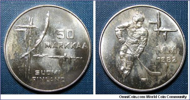 1982 Finland 50 Markkaa, World Ice Hockey Championship. .500 Silver, 21.1g, 35mm Mintage 400,000