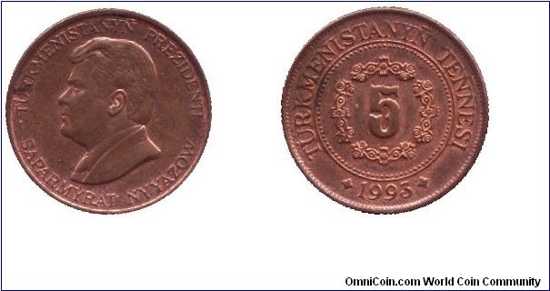 Turkmenistan, 5 tennesi, 1993, Cu-Steel, President Saparmyrat Nyyazow.                                                                                                                                                                                                                                                                                                                                                                                                                                              
