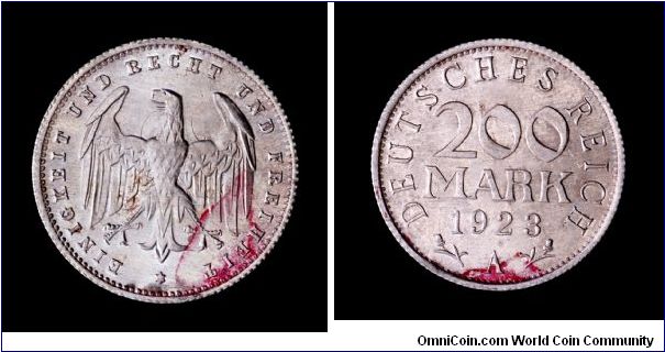Weimar Republic, 200 Mark, Aluminum, 1923, Berlin Mint. Clashed dies obverse.