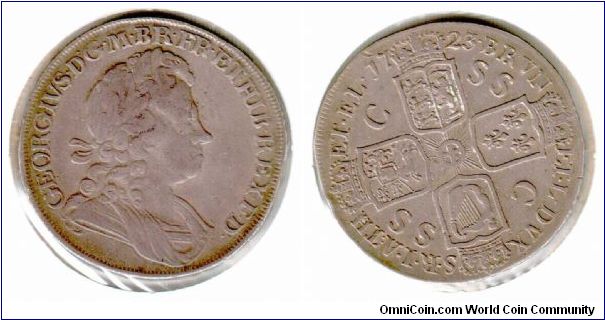 George I Crown dated 1723. The very first coin ever used in advertising, bearing the initials of the South Sea Islands Company on the reverse.