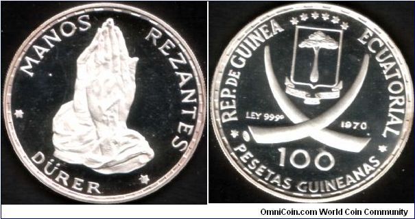 Silver proof 100 pesetas

Durer's `Praying Hands' obverse /Arms reverse.