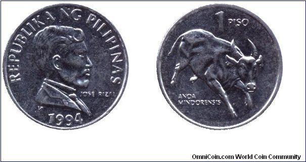 Philippines, 1 piso, 1994, Steel, Anoa Mindorensis (Tamaraw Bull); Joze Rizal, Republika NG Pilipinas.                                                                                                                                                                                                                                                                                                                                                                                                              