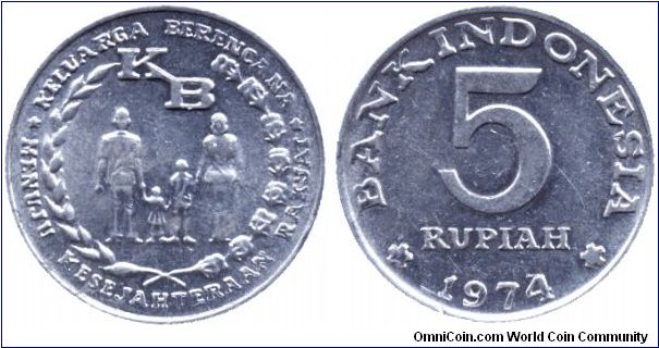 Indonesia, 5 rupiah, 1974, Al, Keluarga Berencana, Mneuju Kesejahteran Rakjat.                                                                                                                                                                                                                                                                                                                                                                                                                                      
