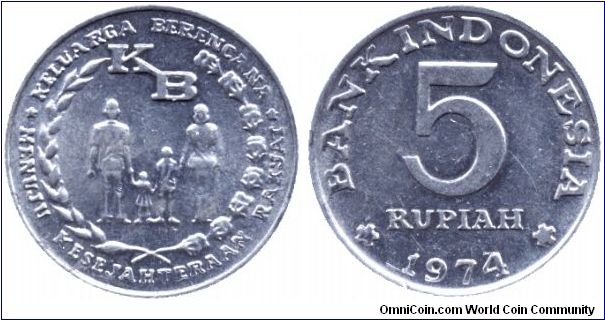 Indonesia, 5 rupiah, 1974, Al, Keluarga Berencana, Mneuju Kesejahteran Rakjat.                                                                                                                                                                                                                                                                                                                                                                                                                                      