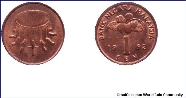 Malaysia, 1 sen, 1992, Bronze-Steel, Drum.                                                                                                                                                                                                                                                                                                                                                                                                                                                                          