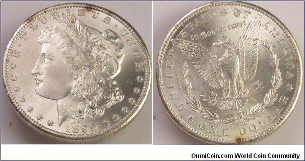 1899 o
Die crack on back High tilted right mint mark VAM 20 also has die doubling around the states of America