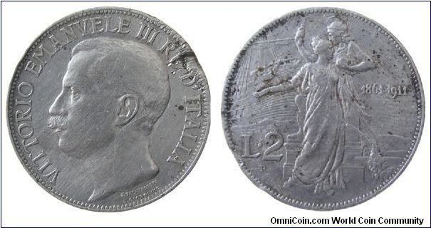 KM #52 1911 2 Lire - 50th anniversary of the kingdom.

pity about all that damage