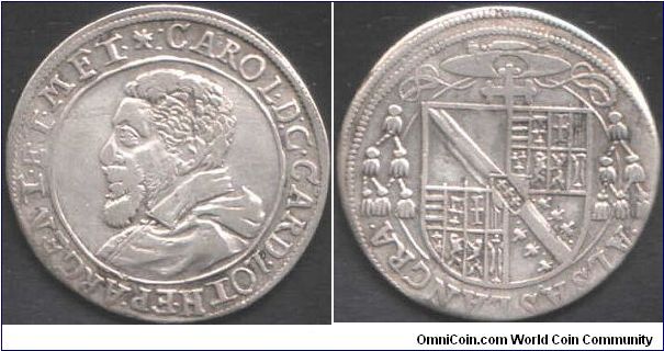 A 1/4 ecu of Charles II Cardinal of Lorraine (1578- 1607)and Bishop of Metz. This being a 1/4 ecu issued for the city of Metz. There is no date on the coin, but from the portrait, circa 1600. This coin is at the very least `difficult' to find, and the only one i've come across to date. Charels II was contemporaneous with Charles III Duke of Lorraine. Easily confused.