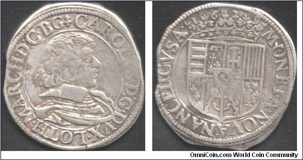 Silver teston of Charles IV Duke of Lorraine issued in 1629 during his first reign on his own. Minted at Nancy.