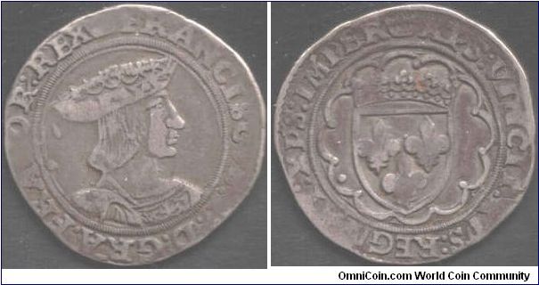 A silver teston of Francis I of France. Minted at Cremieu by the mint master Pierre le Maistre, one year only (crown mm). Difficult (and expensive) to get hold of these days.