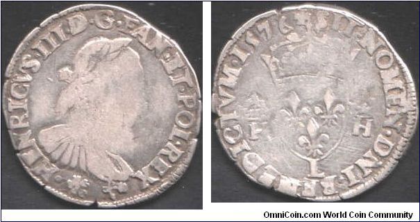 A silver teston bearing the image of Henri III of France, this one dated 1576  and from Bayonne (L mm under shield).
Interestingly, the obverse legend is `blundered' in that it should read `DG Fran et Pol Rex' and not `DG Fan.....