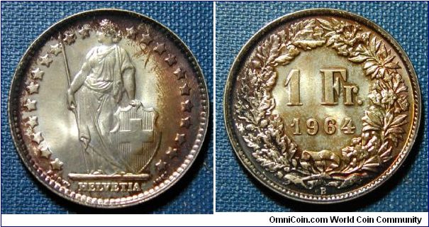 1964 Switzerland 1 Franc Toned