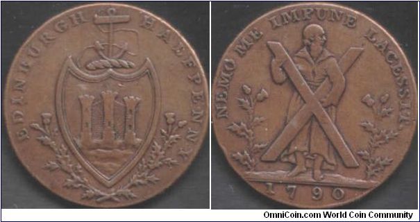 This is an Edinburgh halfpenny / ha'penny / `Edinburgh bawbee' as it was commonly termed. a token issued during the coin shortages of the reign of George III. Reverse depicts St Andrews, patron saint of scotland. legend is the motto of Scotland. Nemo me Impune Lacesset (or lacessit)`No-one provokes me with impunity.'