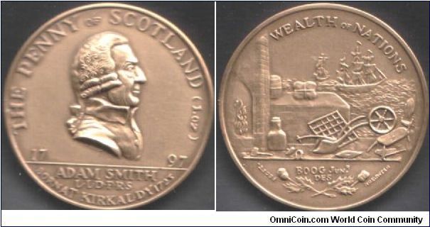 I came across this one via ebay. It was actually brought to my attention on rec.collecting.coins by a fellow Scot who laughingly made mention of the spelling of `Kirkcaldy'  on the token. The spelling however is exactly the same as for the original. Indeed, this one is nigh on an exact match for the original `scarce as hen's teeth' token but...it is a replica. The only `original' I have ever seen in the flesh is in the museum at Kirkcaldy.