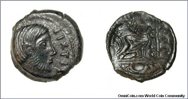 Pixtilos Class V. Bearded male obverse. Seated figure left and geometric patterns reverse.