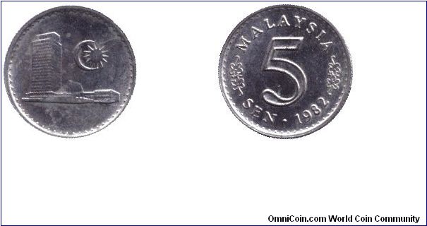 Malaysia, 5 sen, 1982, Cu-Ni, Parliament Building.                                                                                                                                                                                                                                                                                                                                                                                                                                                                  