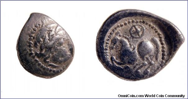 Danubian Celtic imitation of Philip II. Obv: Zeus Rev: Horse and Wheel, Silver, 1st Century B.C.